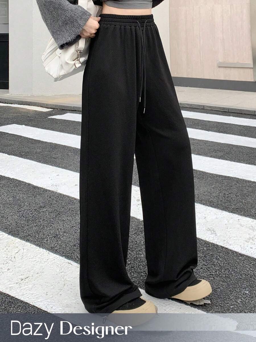 Dazy Designer 女式黑色慢跑裤，弹力下摆，时尚运动裤 - 黑色 - 查看 1