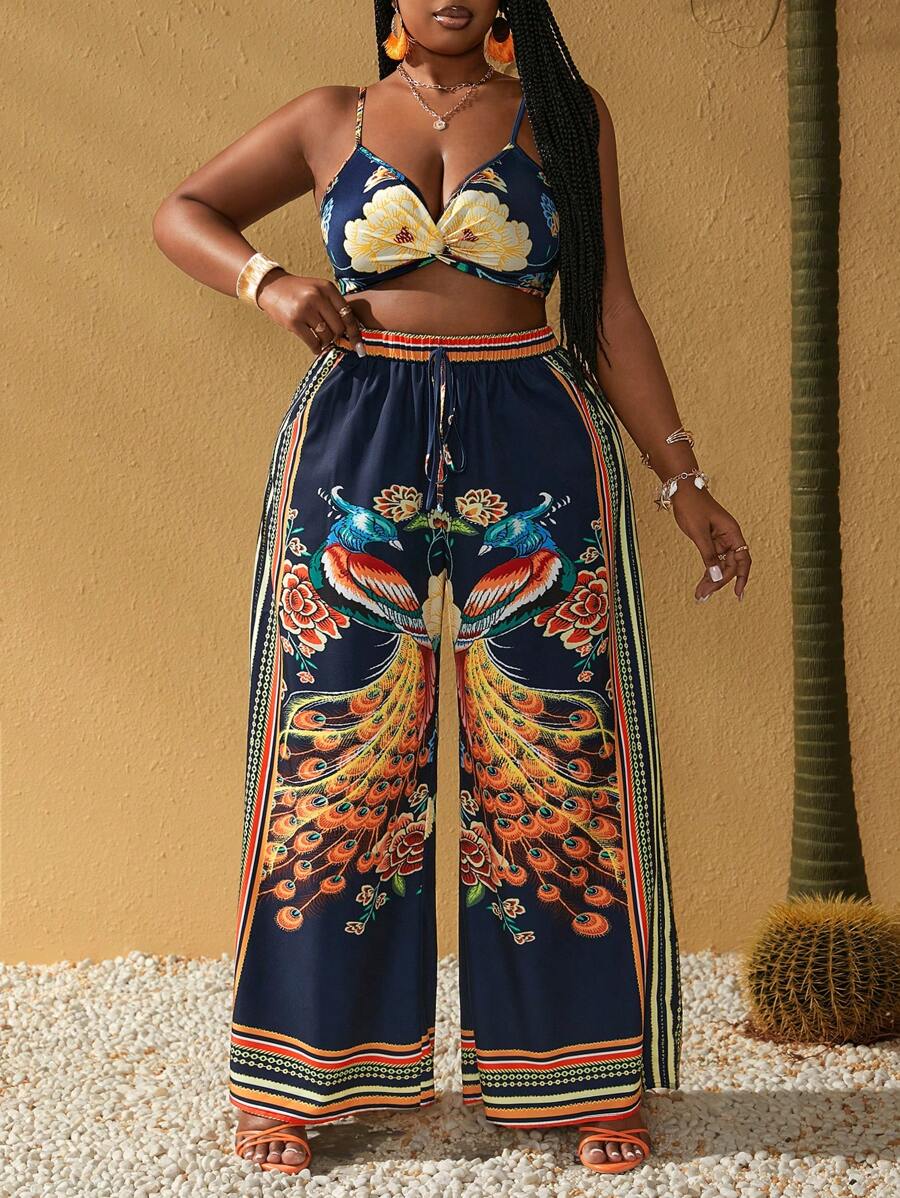 SHEIN Holidaya Plus Size Women's Summer Floral Printed Short Spaghetti Strap Tank Top And Wide Leg Pants Casual Two Pieces Set, Vacation - Multicolor - View 1