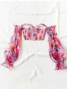 Dreamara Plus Size Women's Romantic Casual Easter/Graduation/Wedding/Back To School Party Lunch Garden Tea Cute Watercolor Floral Print Off Shoulder Twist Blouse, Organza Fabric - Multicolor - View 2