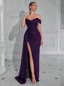Elisanya Váy dạ hội dự tiệc cocktail dài xếp nếp hở vai xẻ đùi, đính sequin, trang trọng thanh lịch, trang trọng cho tiệc cưới, tiệc tốt nghiệp, tiệc tối đính sequin thanh lịch - Màu tím - Xem 7