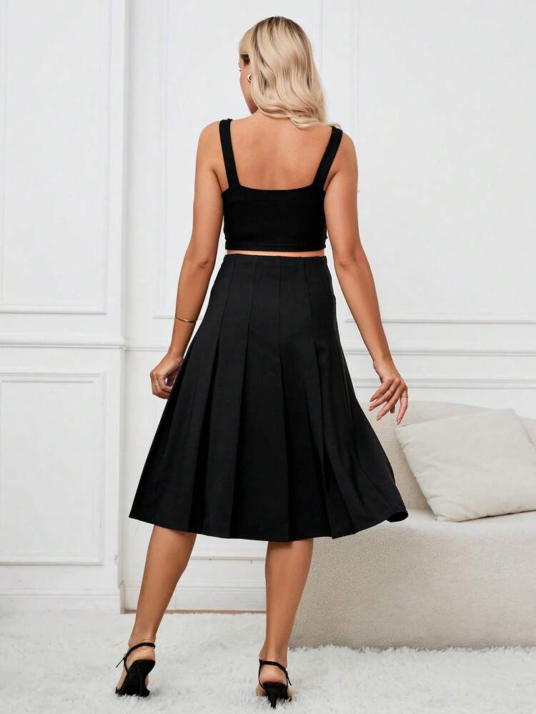 Maternity Casual/Office Adjustable Shoulder Strap Waist Elasticity Top & Folded A-Line Skirt Set, 2pcs