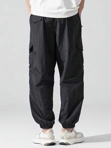 Plus Size Men's Loose Quick-Dry Cargo Pants With Multiple Pockets And Cuffed Hem - Black - View 6