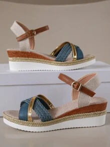 Women's Casual Woven Bohemian Style Platform Wedge Sandals, Summer - Blue - View 8