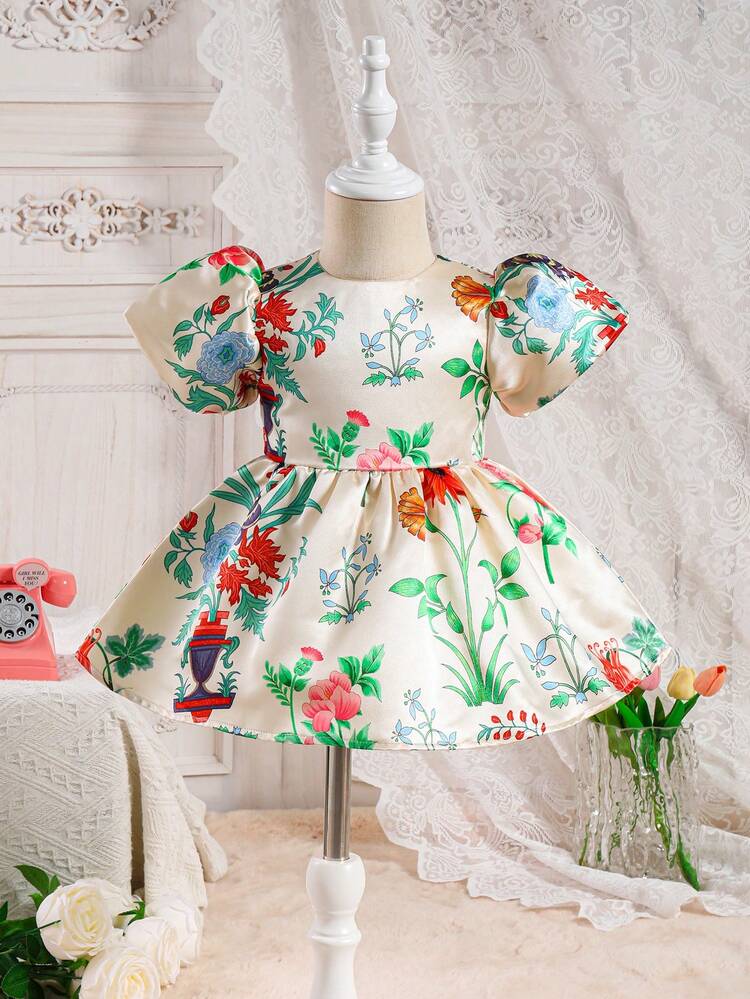 Baby Girl Round Neck Puff Sleeve Floral Pattern Summer Dress