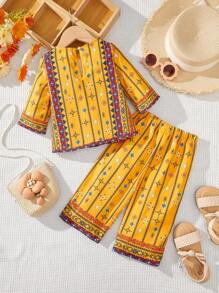 SHEIN Baby Girl Cute Geometric Pattern Color-Block Unisex Shirt With Elastic Waist Loose Pants Outfit For Summer Vacation - Yellow - View 2