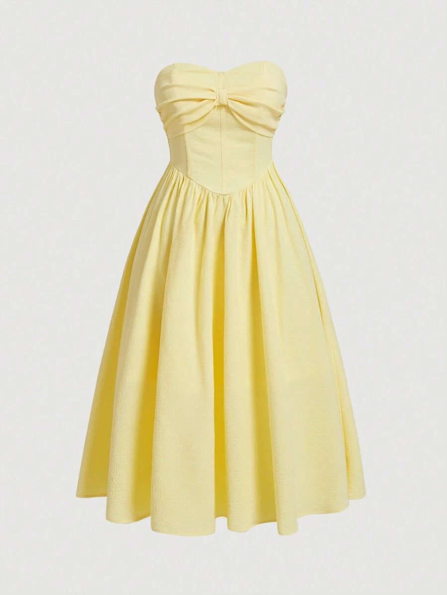 SHEIN MOD Bright Yellow Sweet & Elegant Bow Decorated Plus Size Dress With Flared Hem - Yellow - View 1