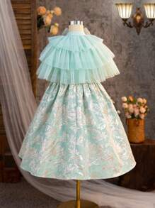 SHEIN Tween Girl Cute Bowknot Layered Mesh Shawl Embroidered Sleeveless Dress, 2pcs