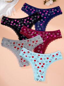 女士蕾絲拼接心形印花三角褲，5入裝 - 彩色 - 查看 7