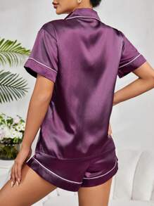 Set de pijama de 2 piezas de top de manga corta y pantalones cortos de unicolor (imitación de seda), para vacaciones