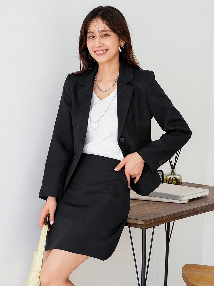 GENKIRA Solid Color Women's Suit Set, Long Sleeve Blazer Jacket And Knee-Length Skirt - Black - View 1