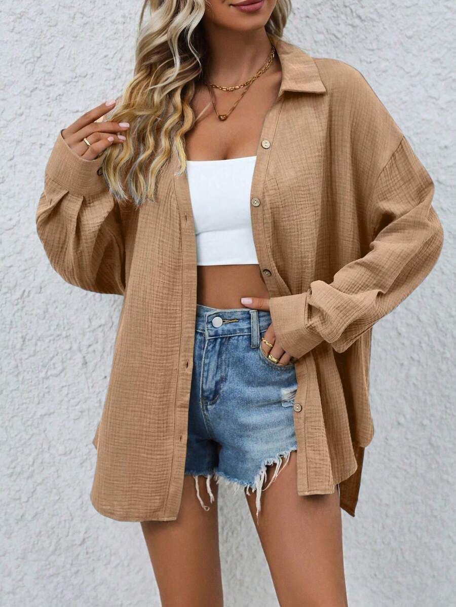 SHEIN LUNE 女式純色單排釦休閒肩長袖日常襯衫 - 卡其色 - 查看 1