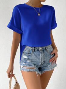 SHEIN Essnce Summer Solid Color Round Neck Casual Short Sleeve Shirt - Royal Blue - View 6