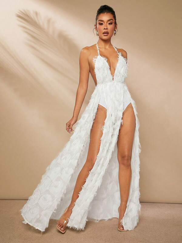 L'Amorae Elegantes Fransenkleid mit hohem Schlitz, Rückenbindung
