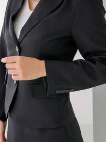 GENKIRA Solid Color Women's Suit Set, Long Sleeve Blazer Jacket And Knee-Length Skirt - Black - View 6