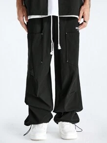 Manfinity VCAY Men's Embroidered English Pattern Baggy Sweatpants With Drawstring, Hip-Hop Style,Stacked Sweatpants - Black - View 3