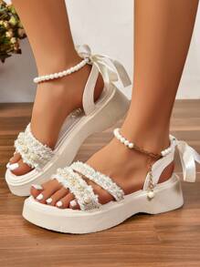 Princess Holiday Pearl Sandals For Women, New Summer Style Thick-Soled Fairy Style Sandals To Match Skirts, Roman Shoes - Beige - View 2