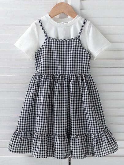 SHEIN Explorewe Young Girl Black & White Plaided Spaghetti Strap Dress, 2024 Summer New Arrival, Elegant, Fashionable, Comfortable, Simple And Classic