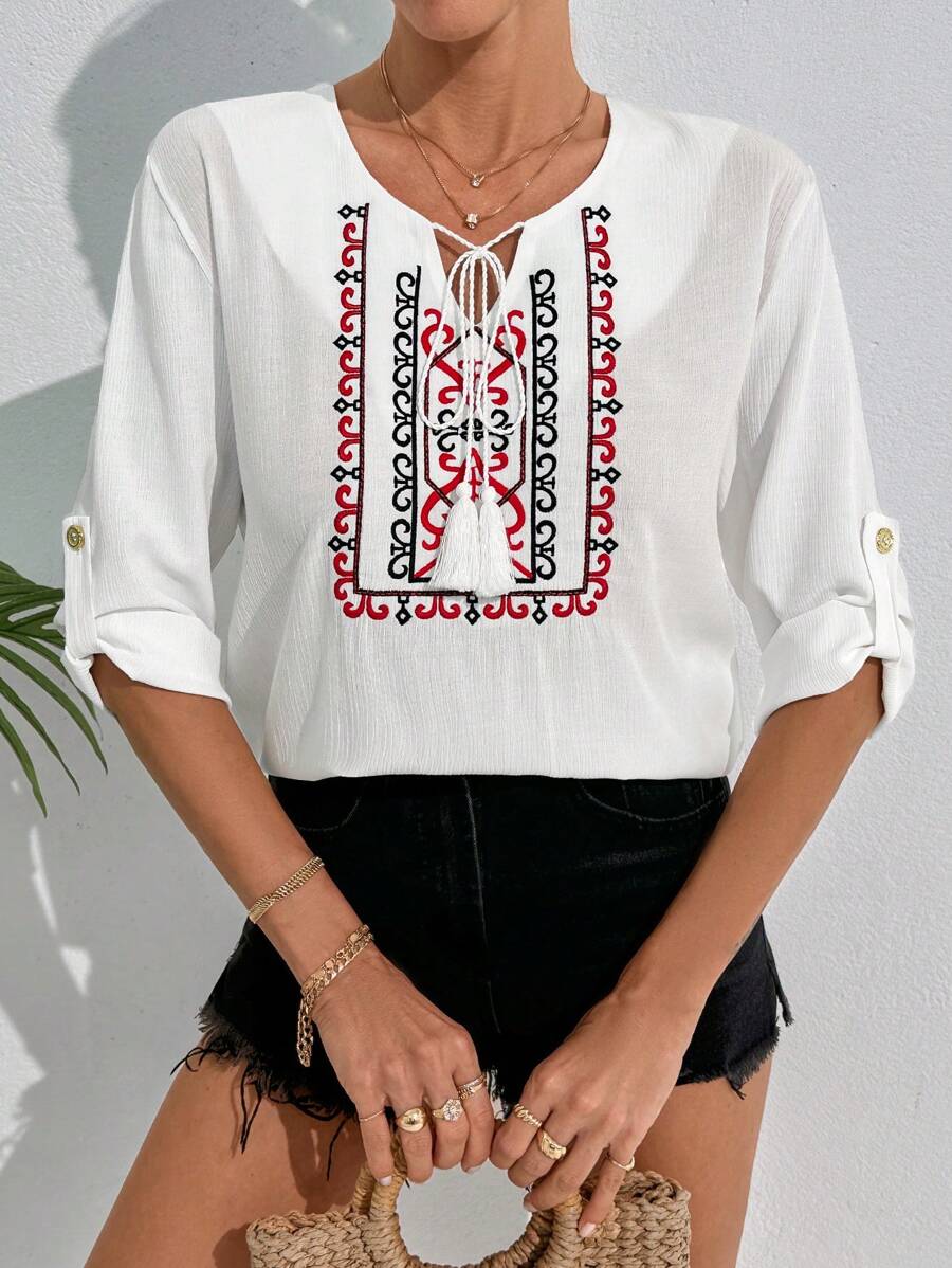 RueChic Women's V-Neck Fringed Tie Embroidered Retro Pattern Short Sleeve Vacation Shirt - White - View 1