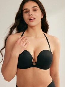 LUVLETTE Sujetador negro sin tirantes sexy con push-up, escote profundo en V, sin costuras, básico, mitad chic y acogedor, lencería como prenda exterior - Negro - Ver 4