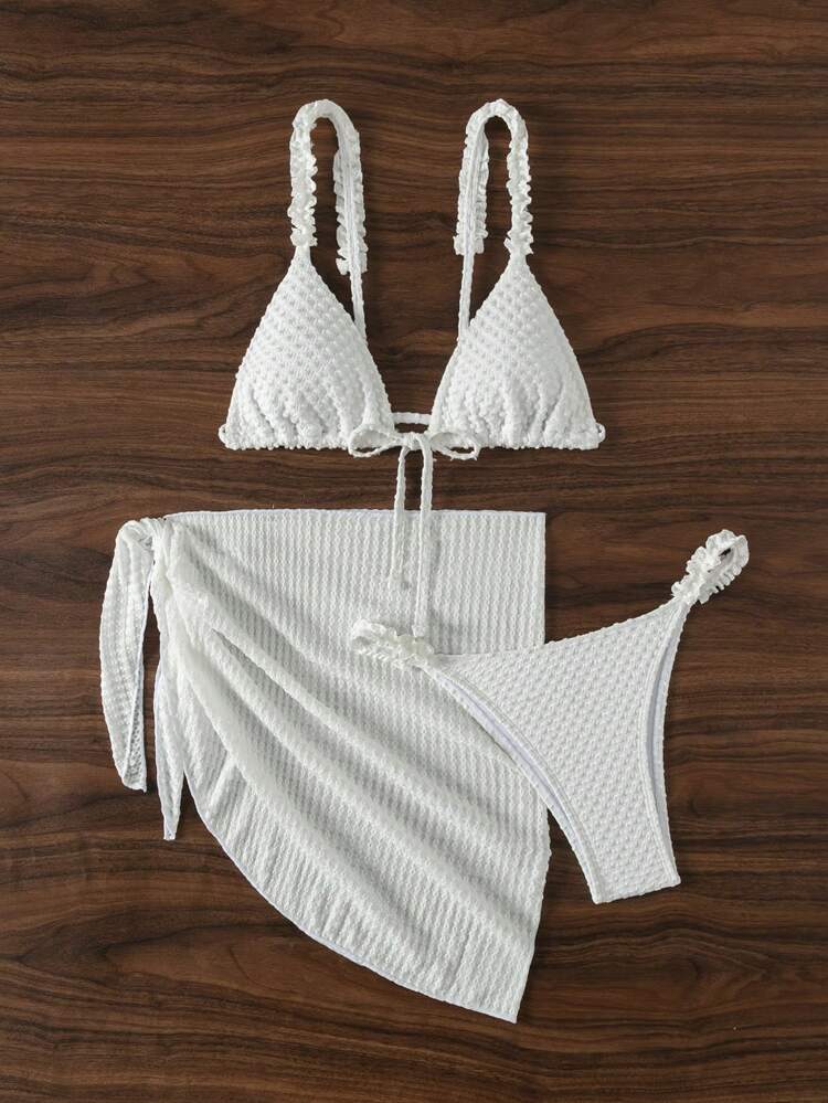 Women's Summer Beach Solid Color Frill Bandeau Bikini Set With Detachable Straps, Matched With Cover Up Skirt