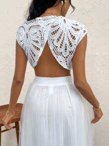 Firerie Áo crop top hở lưng phối ren màu trơn & thanh lịch lãng mạn & thanh lịch dành cho nữ, thích hợp để hẹn hò, tụ tập, tiệc tùng và đi nghỉ hàng ngày - trắng - Xem 4