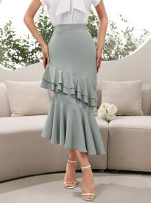 Modelyn Women's Solid Color Layered Asymmetrical Hem Elegant Skirt