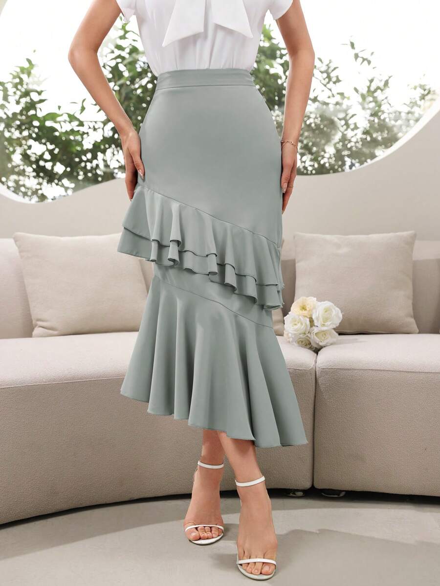 Modelyn Women's Solid Color Layered Asymmetrical Hem Elegant Skirt