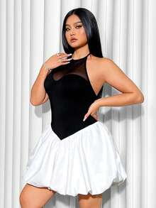 SHEIN ICON Vestido de talla grande con diseño de bloques de color y cuello halter con ribete de volantes