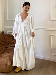 Livesso Vintage V-Neck Home Wear Dress With Design Element, Moo Moo Lounge Dress, Fall Pajama