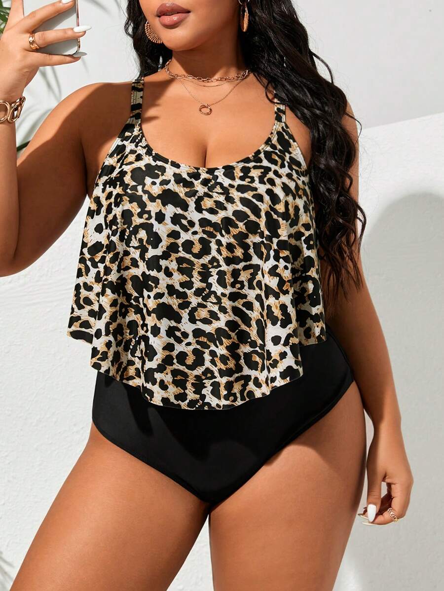 Swim Lushoire 1pc Plus Size Women Leopard Print Sling One-Piece Swimsuit, Multiple Colors Summer - Multicolor - View 1