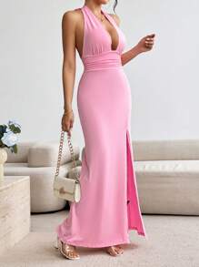 Chiquease Women's Solid Color Halter Neck Elegant Party Dress With Slit - Pink - View 6