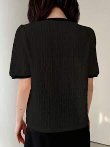 Dazy Designer Camiseta de mujer con bloques de color y textura, manga abullonada y cuello redondo
