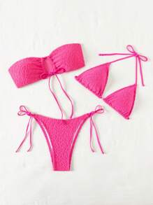 SHEIN Swim Set di bikini a due pezzi sexy da donna per la spiaggia d'estate, tinta unita, con scollo all'americana e bandeau