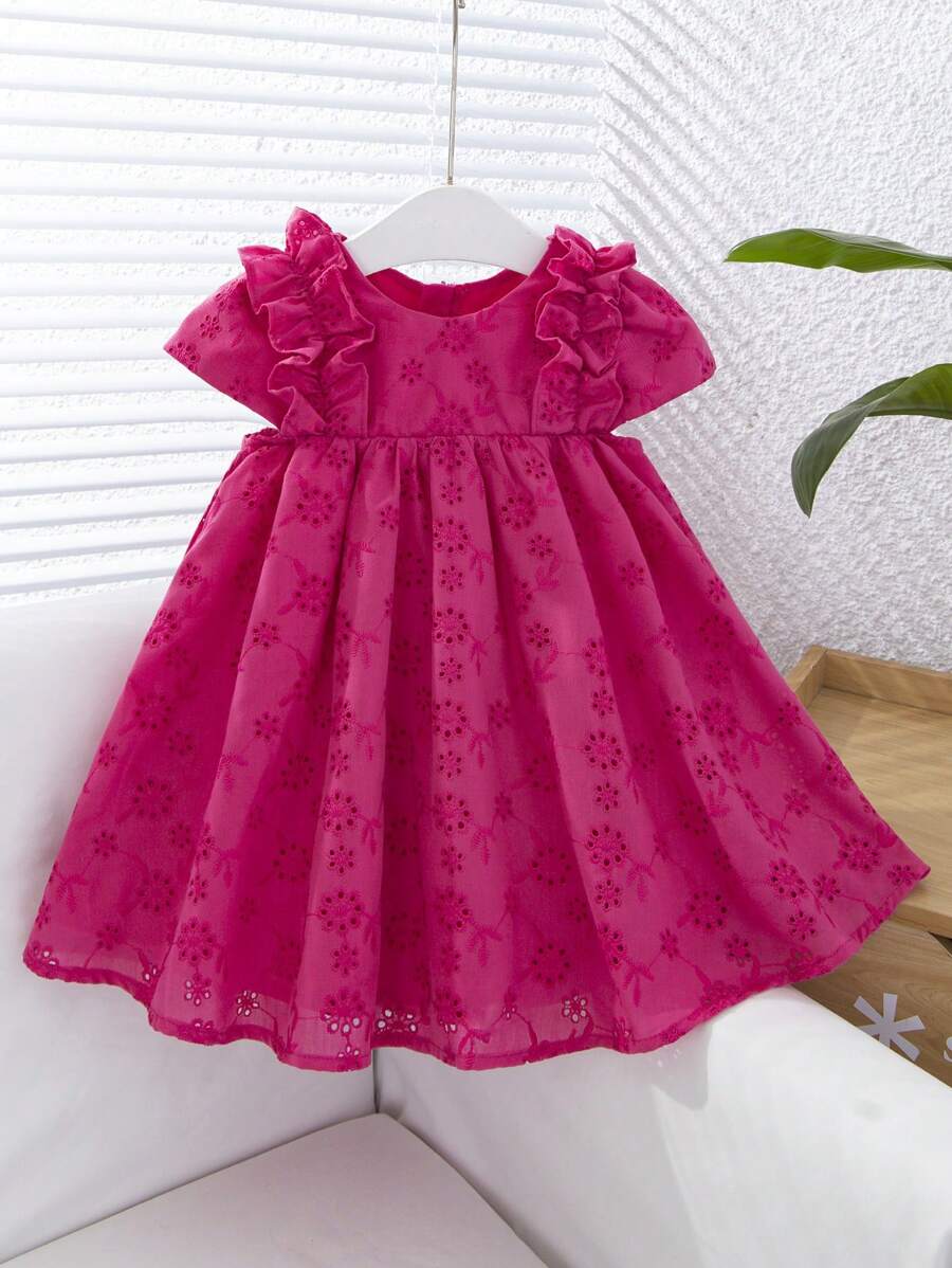 Summer Baby Girl Cute Solid Color Embroidery & Hollow Pattern Ruffled Sleeveless Dress - Pink - View 1
