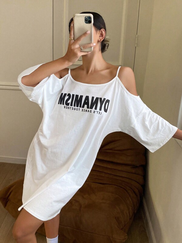 Livesso Vestito casual da donna con stampa di lettere, scollo aperto, casual, stile Moo Moo