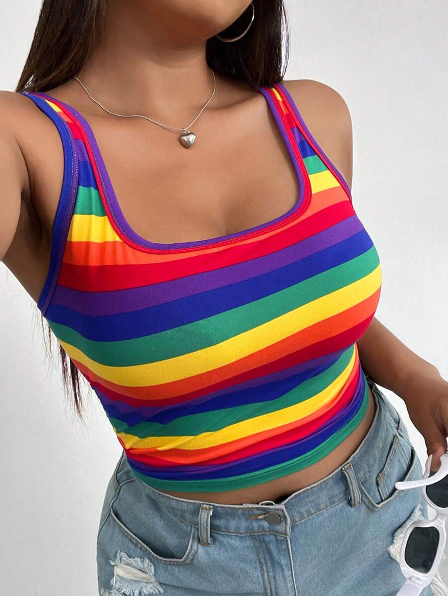 SHEIN EZwear Plus Size Women LGBT Pride Month Rainbow Striped Sleeveless Crop Top, Casual And Versatile - Multicolor - View 1