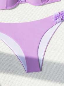 Swim SXY Women's Solid Color Patchwork 3D Flower Bikini Set For Summer Beach, Push-Up And Underwire - Purple - View 5