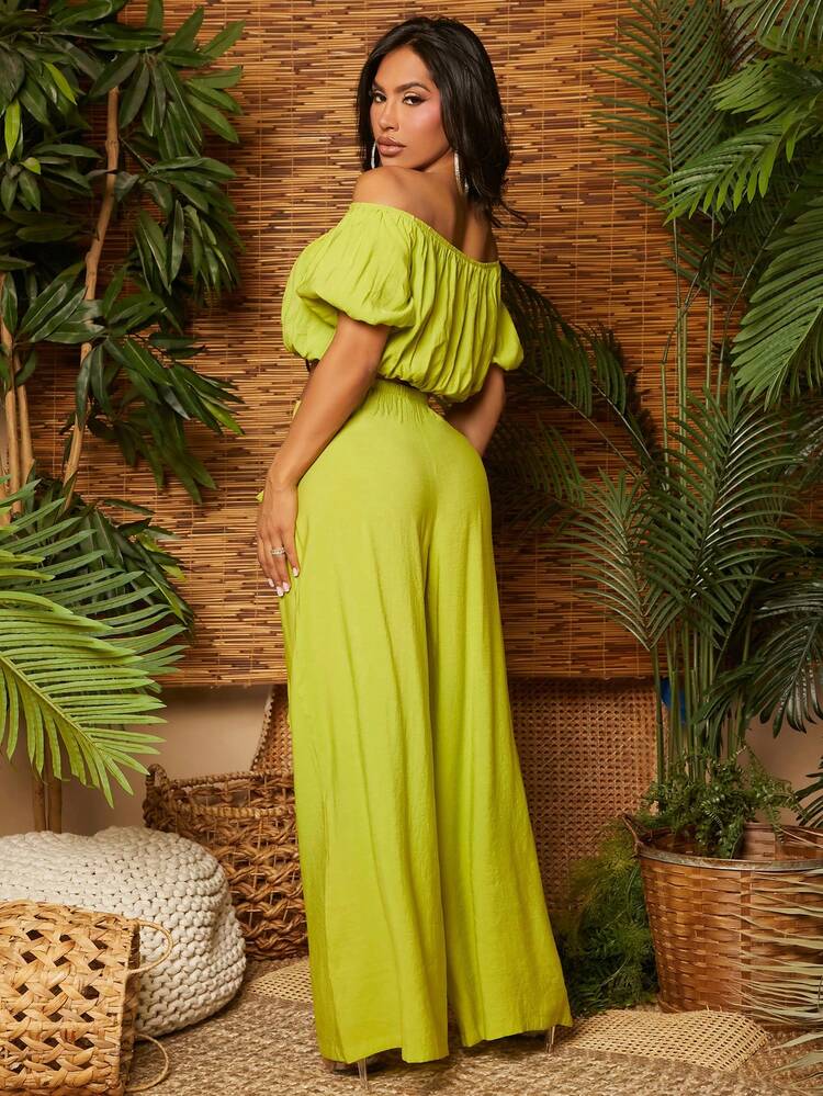 Summer Two Pieces Outfits : Boob Top And Apple Green Waist Lace-Up Wide-Leg Pants Beach Vacation Women Clothes Women Two Pieces Sets