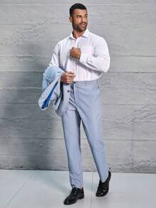 Manfinity Mode Plus Men's Striped Notched Lapel Long Sleeve Suit Jacket And Pants Set, Suitable For Daily And Business Travel - Baby Blue - View 3