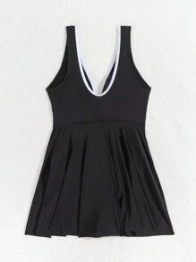 SHEIN Swim Women's Summer Beach Color Block Striped Sleeveless Swimsuit - Black and White - View 7