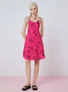 SHEINNeu Women's Y2K Cartoon Printed Spaghetti Strap Dress, Summer - Pink - View 8