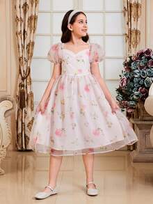 SHEIN DRMZ Tween Girl Tween Girls' Spring/Summer Sweetheart Collar Bubble Sleeve Floral Print Mid-Length Dress - Red - View 6