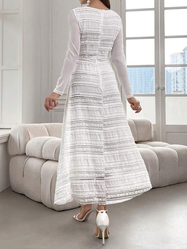 Women's Elegant Solid Color Mesh & Lace Splice Long Dress, Spring/Summer