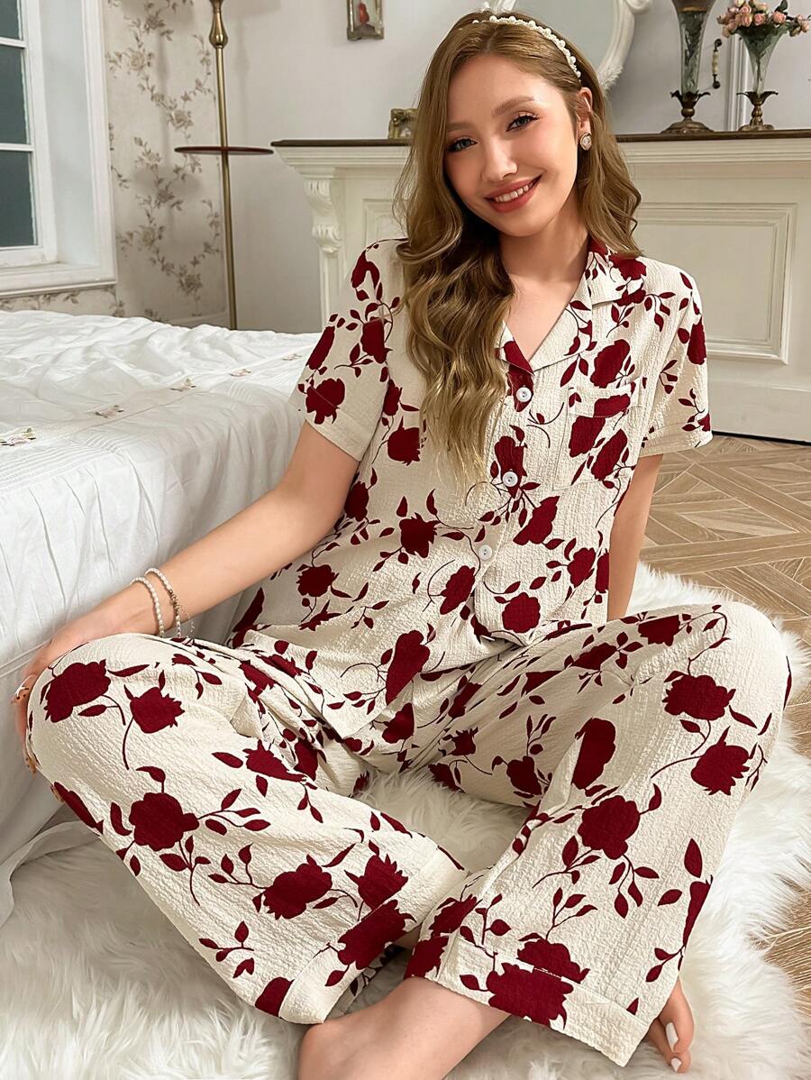 CottageSlumber CottageSlumber 泡泡皱印花田园风碎花短袖长裤睡衣套装