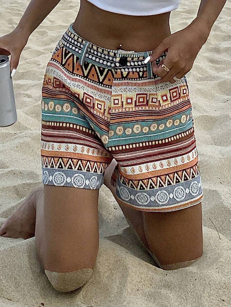 DAZY Quần short nữ phong cách Boho cổ điển in họa tiết hình học, thích hợp cho kỳ nghỉ hè, du lịch. - Nhiều màu - Xem 1