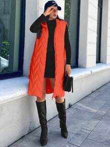 EURMUSE Zip Up Hooded Vest Quilted Coat - Orange - View 4