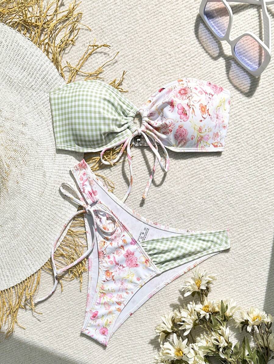 SHEIN Swim 女性夏季海灘格紋花卉印花無肩帶比基尼套裝 - 彩色 - 查看 1