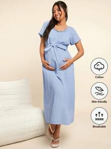 SHEIN Maternity Linen Round Neck A-Line Dress With Flared Sleeves, Loose Woven Solid Color Pregnancy Dress For Home
