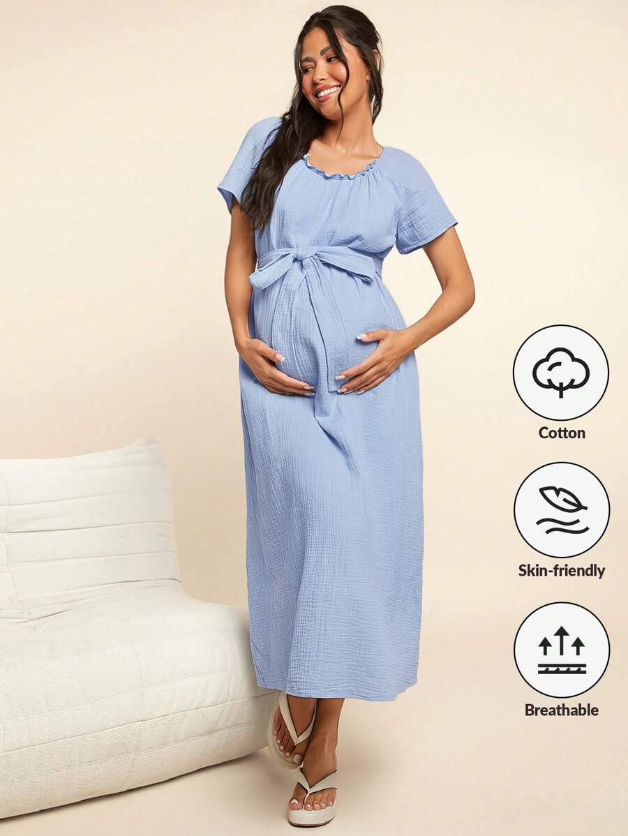 SHEIN Maternity Linen Round Neck A-Line Dress With Flared Sleeves, Loose Woven Solid Color Pregnancy Dress For Home
