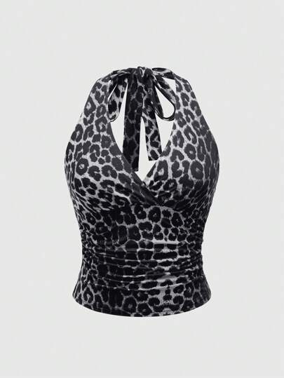 Grunge Punk Y2K Leopard Allover Print V-Neck Halter Top For Women, School
